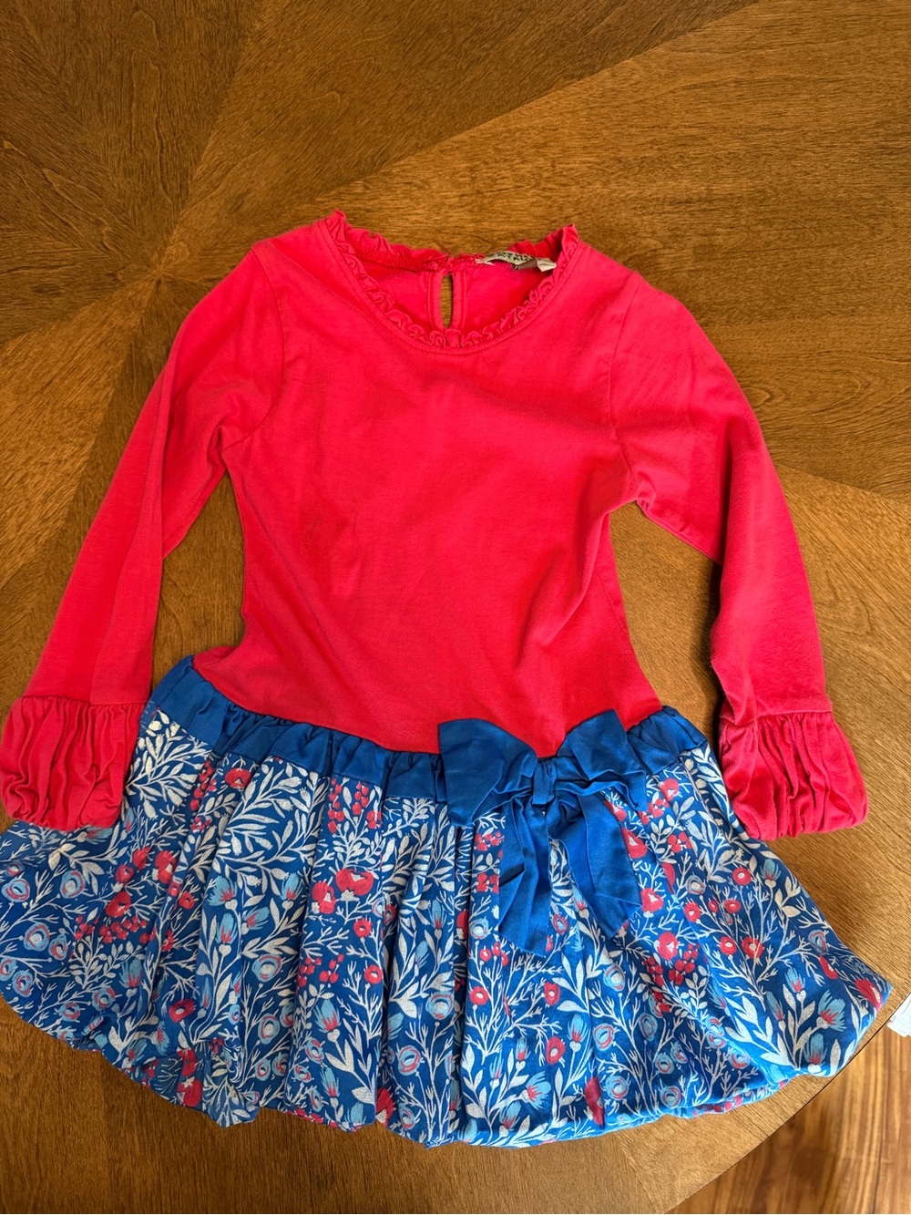 Girls Bright Pink Long-Sleeve Top with Blue Floral Skirt and Bow